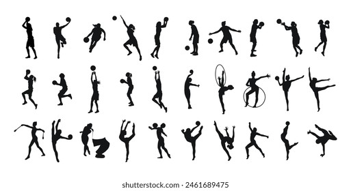 Set of sporty womens silhouettes. Basketball, calisthenics, gymnastics. Isolated vector
