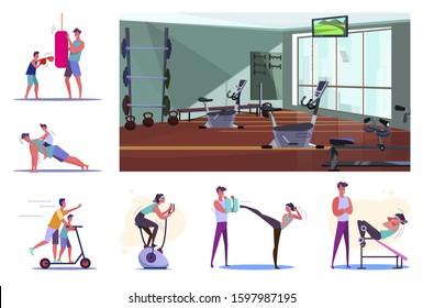 Set of sporty young people training. Flat vector illustrations of sportsmen boxing, doing pushups, exercising on stationary bicycle. Sport concept for banner, website design or landing web page