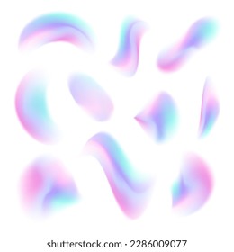 Set of spot holographic brush strokes. Blurred Gradient Abstract shapes colorful fluid paint. Collection of isolated elements of y2k shimmering design elements. Vector asymmetric illustration