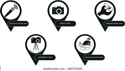 Set of spot icons. Five pointers for birdwatching, whalewatching, nature sound recording, photografing, and panoramic veiw