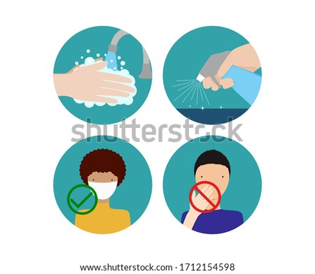 Set of spot illustrations with guidelines on how to slow the spread of Covid-19. Concept of healthy habits to slow the spread of novel corona virus.