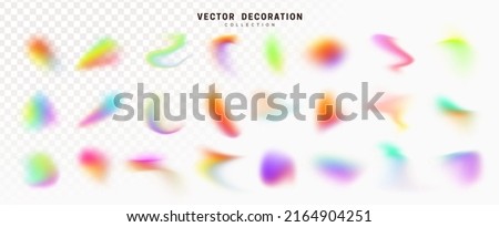 Set of spot multicolored brush strokes. Gradient Abstract shapes colorful fluid paint. Collection of isolated elements of holographic chameleon design palette of shimmering color. Vector illustration