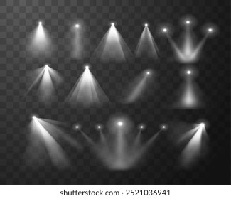 Set of spotlight and glare effects. Vector illustrations featuring various beams and light spreads on a transparent background. Ideal for digital designs, presentations, and graphic projects