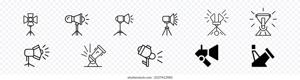 Set of spotlight icons. Stage light symbol. Spotlight thin line icon set. Containing light, lamp, projector, flashlight, Spotlight icon. Light projector for stage signs. Searchlight