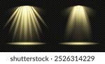 Set of Spotlight isolated on transparent background. Light effect with gold rays. Light sources, concert lighting, stage spotlights. Shine vertical theater projector beam template for design. Vector.