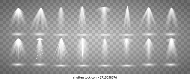   Set of Spotlight isolated on transparent background. Vector glowing light effect with gold rays and beams