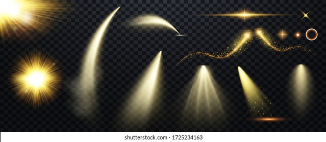 Set of Spotlight isolated on transparent background. Vector glowing light effect with gold rays and beams.  Bright gold flashes and glares. Bright rays of light. Glowing lines. Vector illustration.