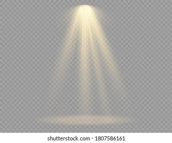 Conjunto de foco aislado sobre fondo transparente. Fuentes de luz, iluminación de conciertos, focos de escena. Efecto luminoso con los rayos de oro. Modelo de haz vertical de proyector de teatro para diseño. Vector. 