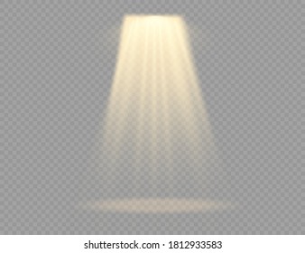 Conjunto de foco aislado sobre fondo transparente. Fuentes de luz, iluminación de conciertos, focos de escena. Efecto luminoso con los rayos de oro. Modelo de haz vertical de proyector de teatro para diseño. Vector. 