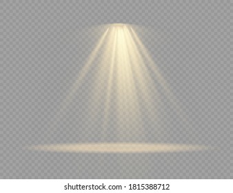 Conjunto de foco aislado sobre fondo transparente. Fuentes de luz, iluminación de conciertos, focos de escena. Efecto luminoso con los rayos de oro. Modelo de haz vertical de proyector de teatro para diseño. Vector. 