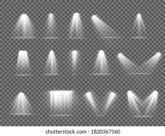 Conjunto de foco aislado sobre fondo transparente. Efecto ligero con los rayos. Fuentes blancas claras, iluminación para conciertos, focos de escena. Modelo de haz vertical de proyector de teatro para diseño. Vector