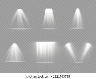 Set of Spotlight isolated on transparent background. Light white sources, concert lighting, stage spotlights. Light effect with rays. Shine vertical theater projector beam template for design. Vector