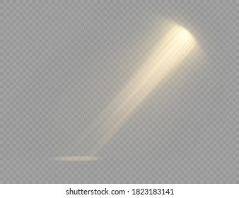 Set of Spotlight isolated on transparent background. Light effect with gold rays. Light sources, concert lighting, stage spotlights. Shine vertical theater projector beam template for design. Vector. 