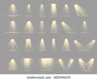 Set of Spotlight isolated on transparent background. Light effect with gold rays. Light sources, concert lighting, stage spotlights. Shine vertical theater projector beam template for design. Vector. 