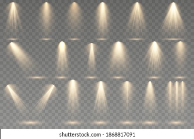 Set of Spotlight isolated on transparent background. Light effect with gold rays and beams
