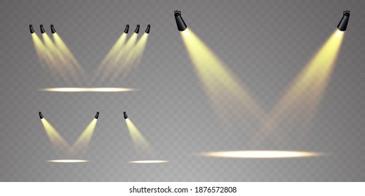 Set aus Spotlight einzeln auf transparentem Hintergrund. Vektorstrahlungseffekt mit goldenen Strahlen und Balken