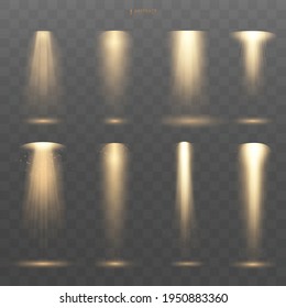 Conjunto de foco aislado sobre fondo transparente. Ponga la estrella brillante, las partículas solares y las chispas con un efecto de resaltado. Efecto luminoso vectorial con rayos dorados y vigas. Sobre el fondo transparente