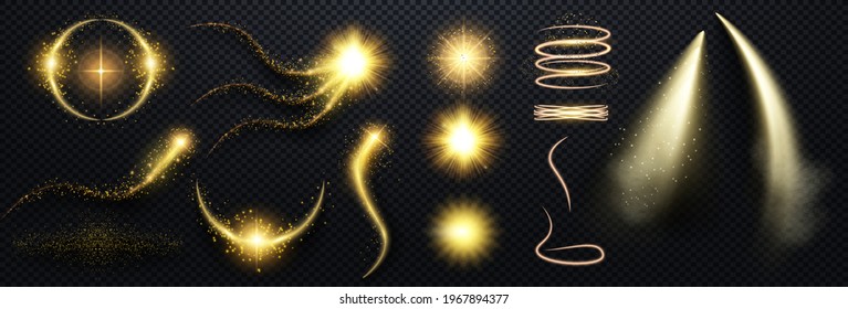 Set of Spotlight isolated on transparent background. Glowing shiny spirals light effect with gold rays and beams. Bright gold flashes and glares. Bright rays light. Glowing lines. Vector illustration