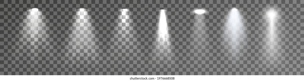 Set of Spotlight isolated on transparent background. Vector glowing light effect with white rays and beams. PNG. Vector illustration