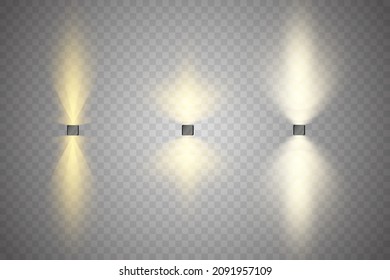 Set of Spotlight isolated on transparent background. Vector glowing light effect with gold rays and beams