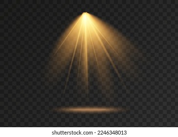 Set of Spotlight isolated on transparent background. Vector glowing light effect with gold rays and beams