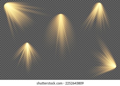 Set aus Spotlight einzeln auf transparentem Hintergrund. Vektorstrahlungseffekt mit goldenen Strahlen und Balken