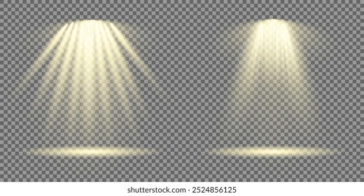 Conjunto de Destaque isolado no plano de fundo transparente. Efeito de luz com raios de ouro. Fontes de luz, iluminação de concerto, holofotes de palco. Brilhar modelo de feixe de projetor de teatro vertical para design. Vetor.