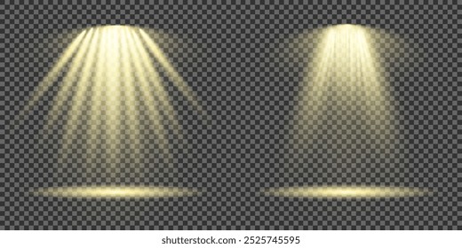 Set of Spotlight isolated on transparent background. Light effect with gold rays. Light sources, concert lighting, stage spotlights. Shine vertical theater projector beam template for design. Vector.