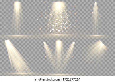 Set of Spotlight isolated . Vector glowing light effect with gold rays and beams. Scene illumination collection, transparent effects. Bright lighting with spotlights.