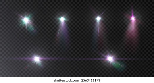 Set of spotlight light source. Vector glowing spotlight light effect. PNG