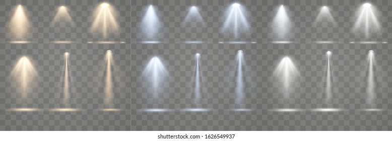  Set of spotlight shines on the stage, scene, podium. Bright lighting with spotlights. Spot lighting of the stage. Lens flash light effect from a lamp or spot. 