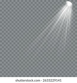 Conjunto de holofotes brilha no palco, cena, pódio. Iluminação brilhante com holofotes. Iluminação do palco. Efeito da luz de flash da lente a partir de uma lâmpada ou ponto.