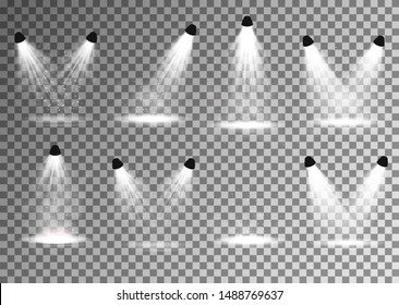 Set of spotlight. Transparent effect for your design. Light and smoke with stage. Vector