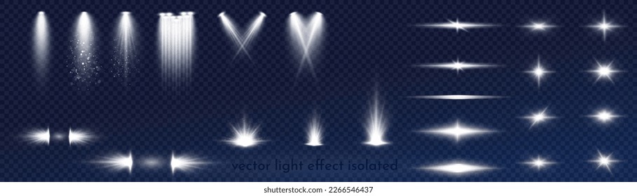 Conjunto de luz blanca reflectante aislada sobre fondo transparente. Efecto luminoso vectorial con rayos transparentes.	
