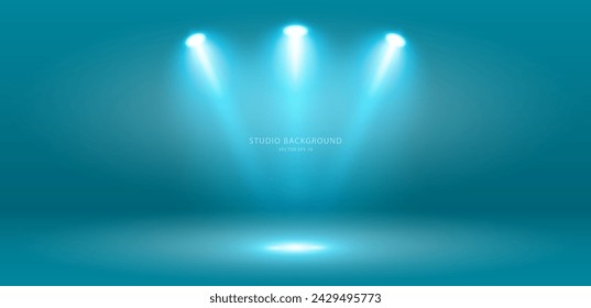 Un conjunto de focos con luz azul brillante que iluminan el escenario sobre un fondo azul claro. El efecto de la iluminación del proyector. Ilustración vectorial.