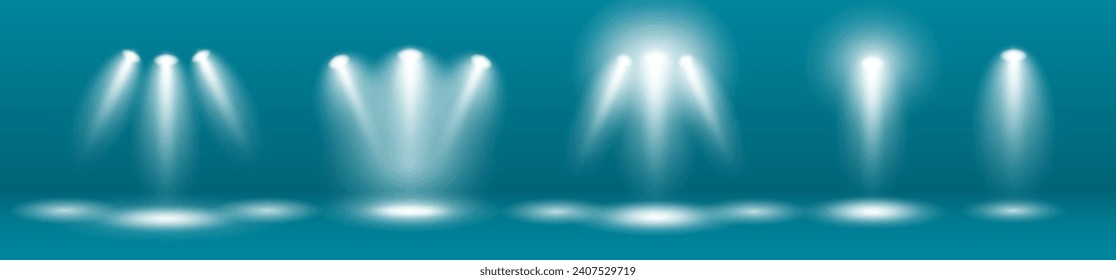 A set of spotlights to illuminate the stage with white rays on a dark background. Luminous transparent lighting effects. Vector illustration.