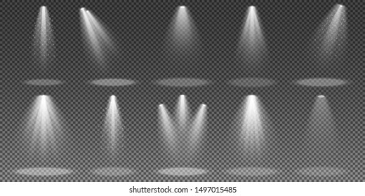Set of spotlights isolated on transparent background. Floodlight for the podium. Light effects with glowing particles for show. Vector illustration. EPS 10