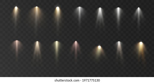 Set of spotlights isolated on transparent background. Vector glowing light effect for podiums and presentations.