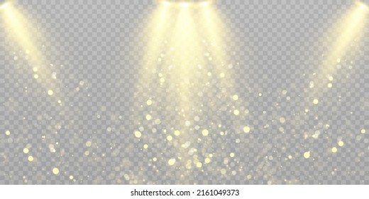Conjunto de focos aislados sobre fondo transparente. Efecto luminoso vector con rayos dorados.