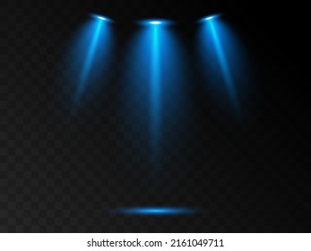 Set of spotlights isolated on transparent background. Vector glowing light effect with blue rays.