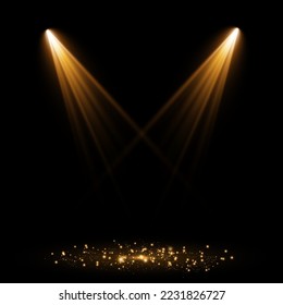 Set of spotlights isolated on transparent background. Vector glowing light effect with golden rays and splatter of small particles.
