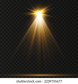 Set of spotlights isolated on transparent background. Vector glowing light effect with golden rays and splatter of small particles.

