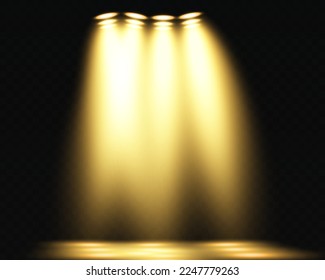 Set of spotlights isolated on transparent background. Vector glowing light effect with golden rays and splatter of small particles.

