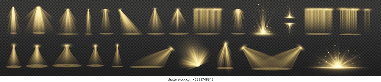 Set of spotlights isolated on transparent background. Vector glowing light effect with golden beams and beams. The light of the star shines from the sun in yellow.