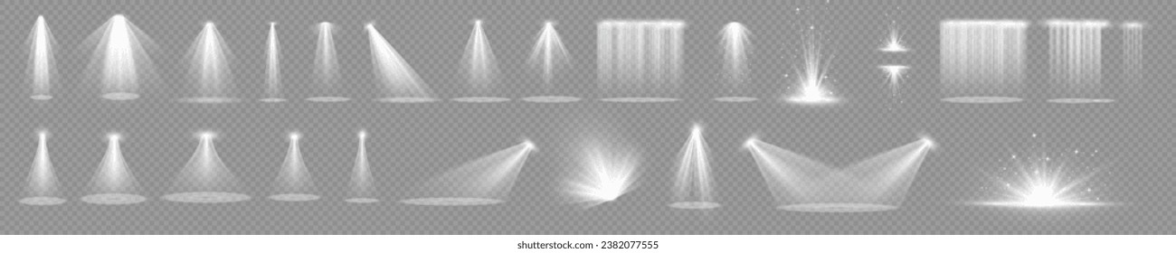 Conjunto de focos aislados sobre fondo transparente. Efecto luminoso vectorial con vigas y vigas doradas. La luz de la estrella brilla del sol en amarillo.