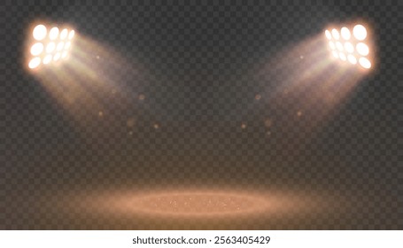 Set of spotlights. Light sources, concert lighting, stage spotlights. Spotlight beam with bright flickering light effect. Vector