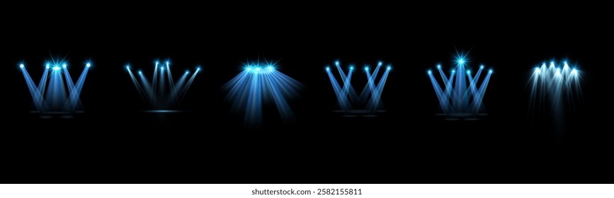 A set of spotlights, lighting the stage with blue light from lighting fixtures on a black background. Bright lighting with floodlights. Vector light sources. The light from the spotlight. 