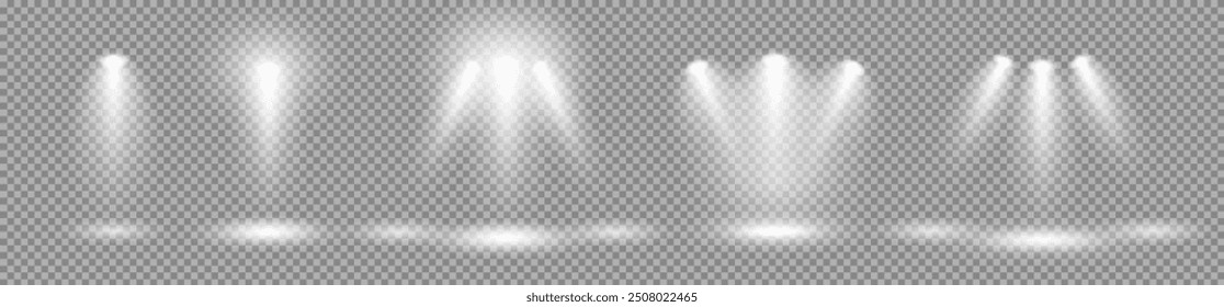 A set of spotlights, lighting the stage with white light from lighting fixtures on a gray background. Bright lighting with floodlights. Vector light sources. The light from the spotlight.