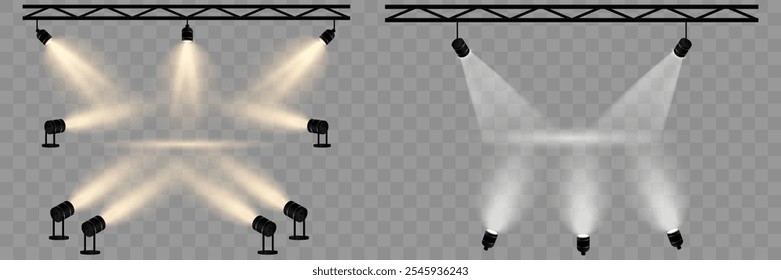 A set of spotlights for lighting stages, concerts, studio light. Bright lighting with spotlights.