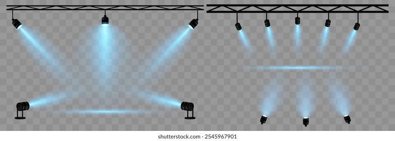 Conjunto de holofotes para palcos de iluminação, concertos. Iluminação azul brilhante com luzes de neon. Vetor.